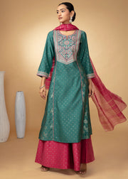 Women Teal Embroidered Yoke Flared Ethnic Suit Set