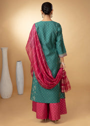 Women Teal Embroidered Yoke Flared Ethnic Suit Set