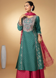 Women Teal Embroidered Yoke Flared Ethnic Suit Set