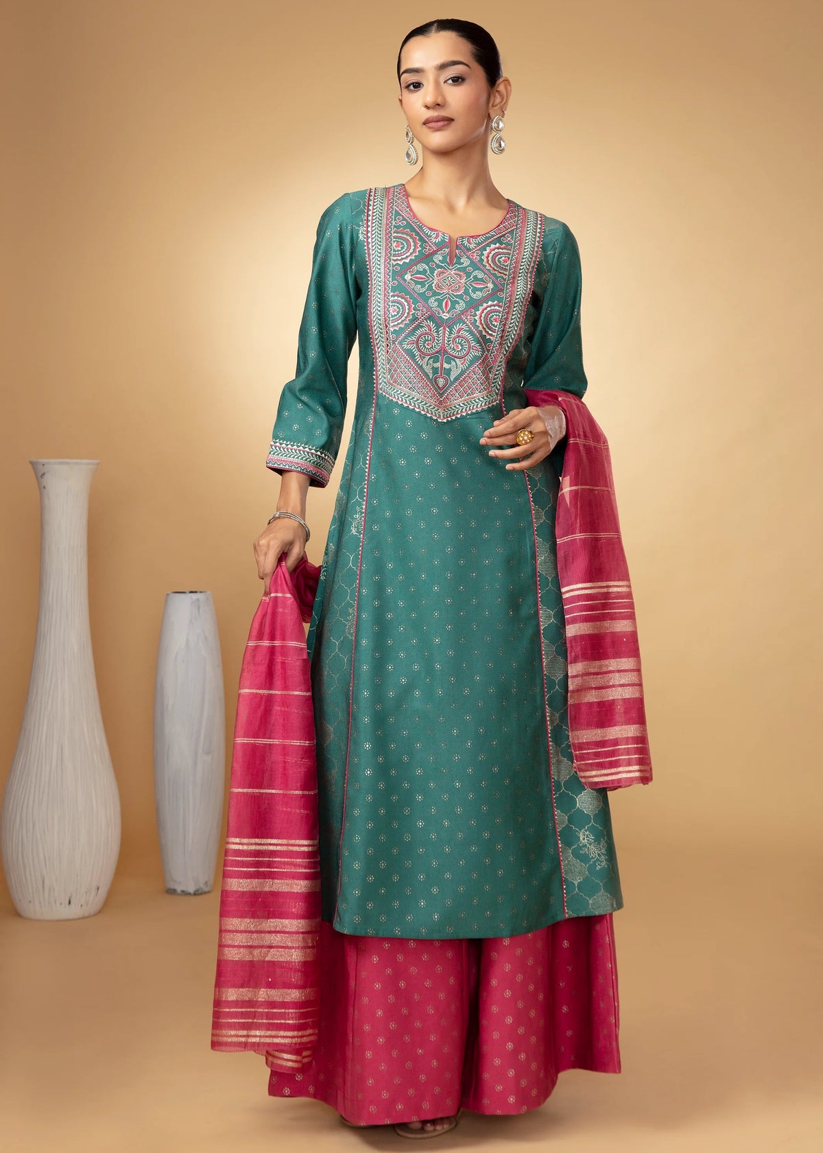 Women Teal Embroidered Yoke Flared Ethnic Suit Set