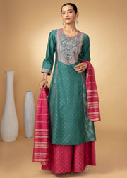Women Teal Embroidered Yoke Flared Ethnic Suit Set
