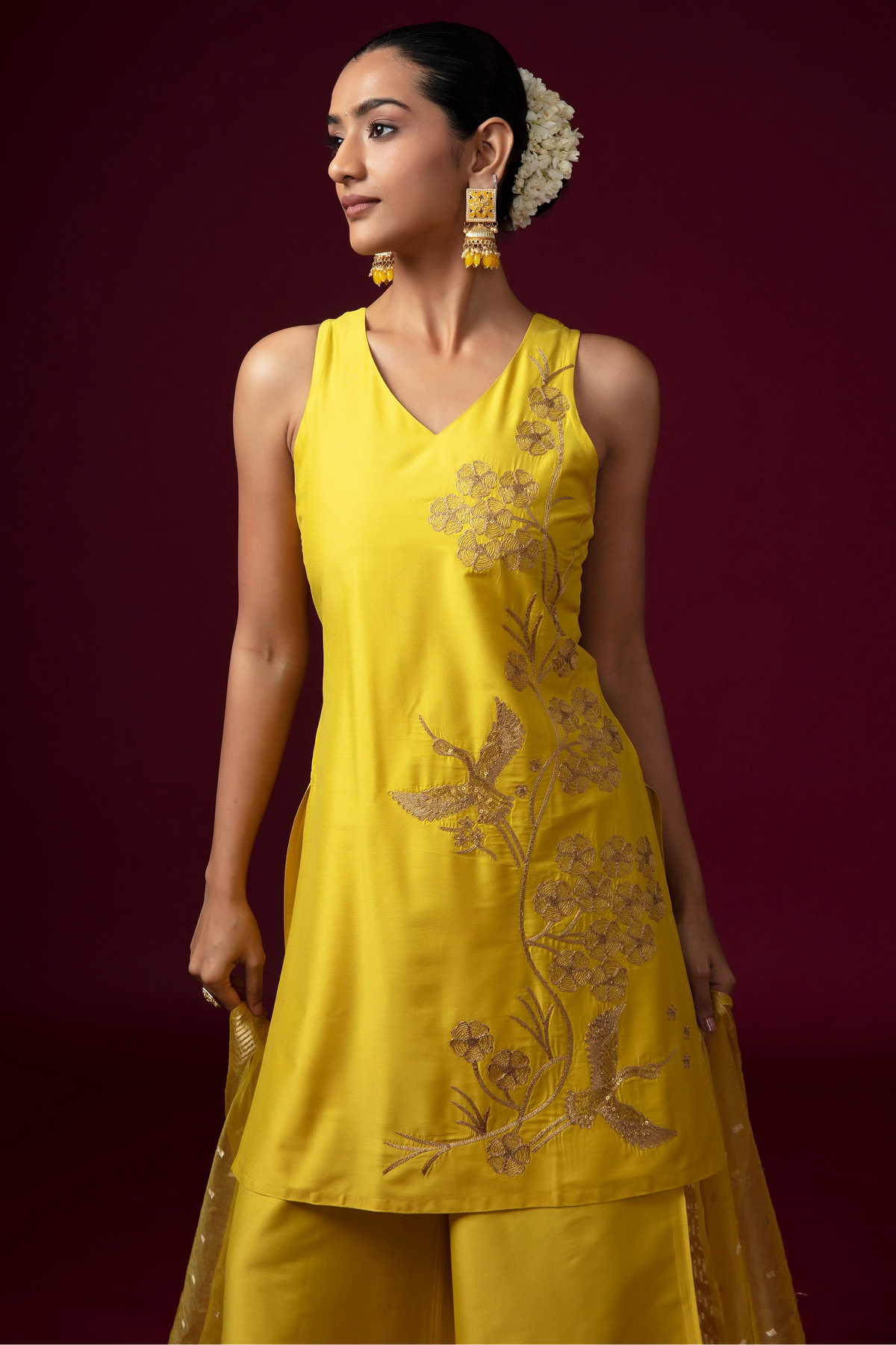 Women Yellow Embroidered Blend A-Line Ethnic Suit Set