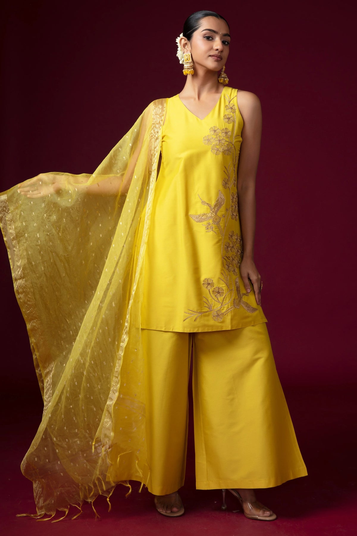 Women Yellow Embroidered Blend A-Line Ethnic Suit Set
