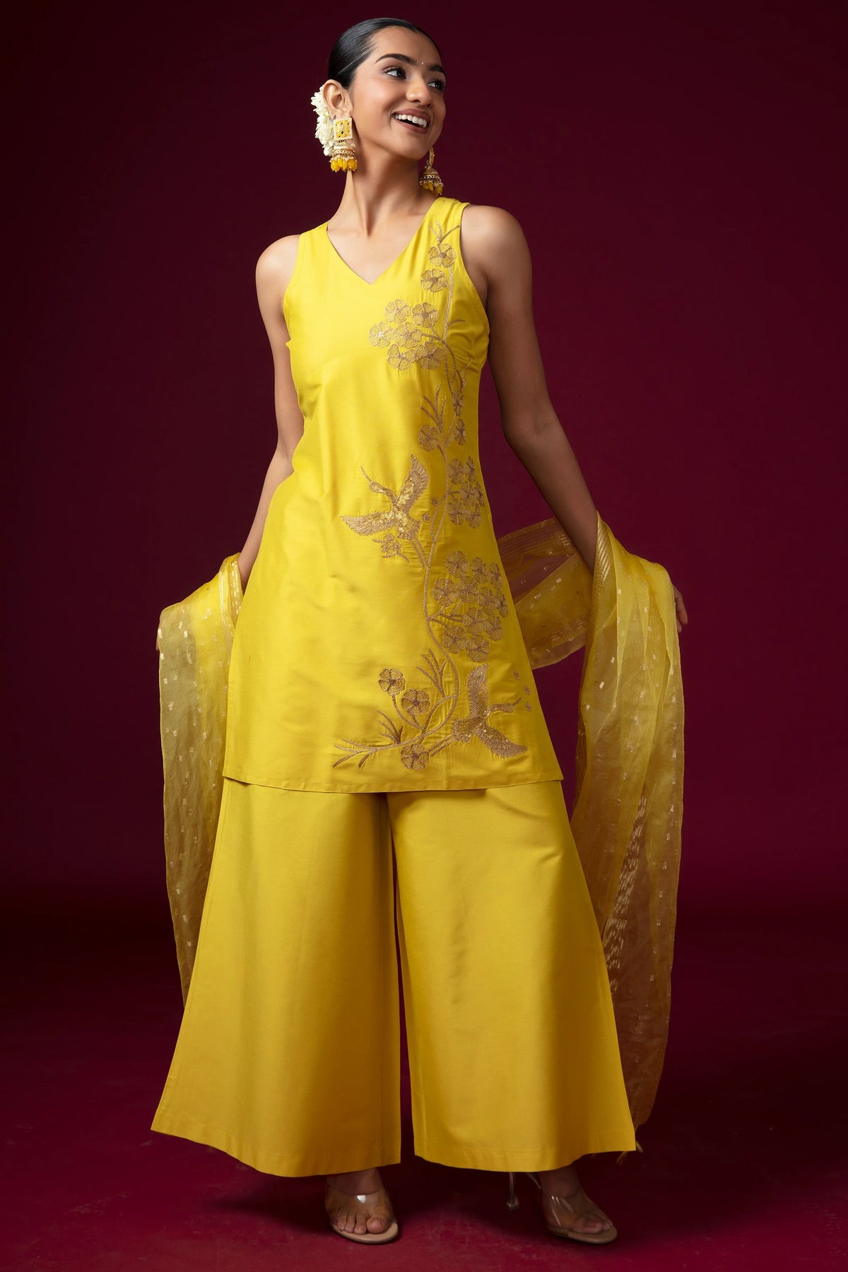 Women Yellow Embroidered Blend A-Line Ethnic Suit Set