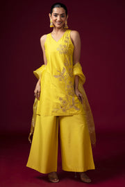 Women Yellow Embroidered Blend A-Line Ethnic Suit Set