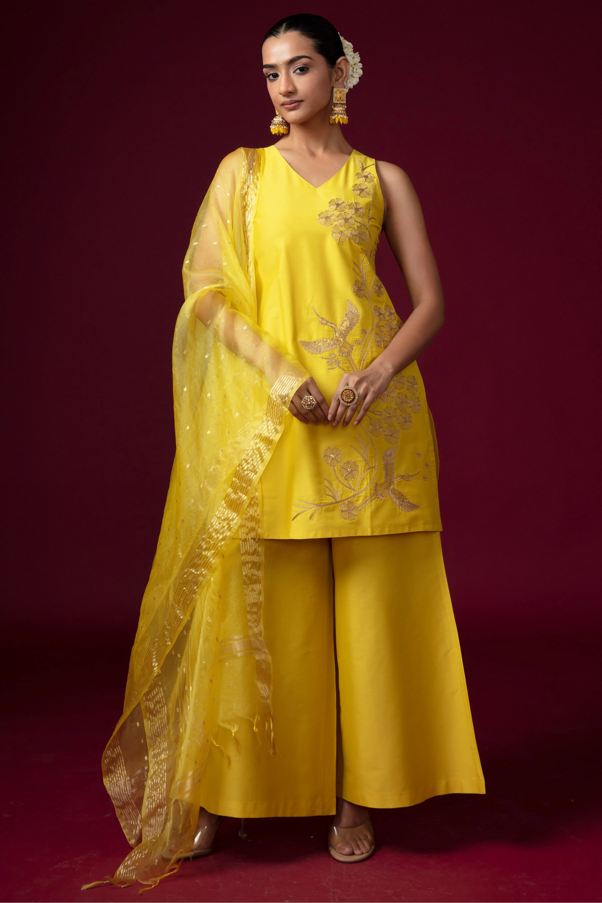Women Yellow Embroidered Blend A-Line Ethnic Suit Set