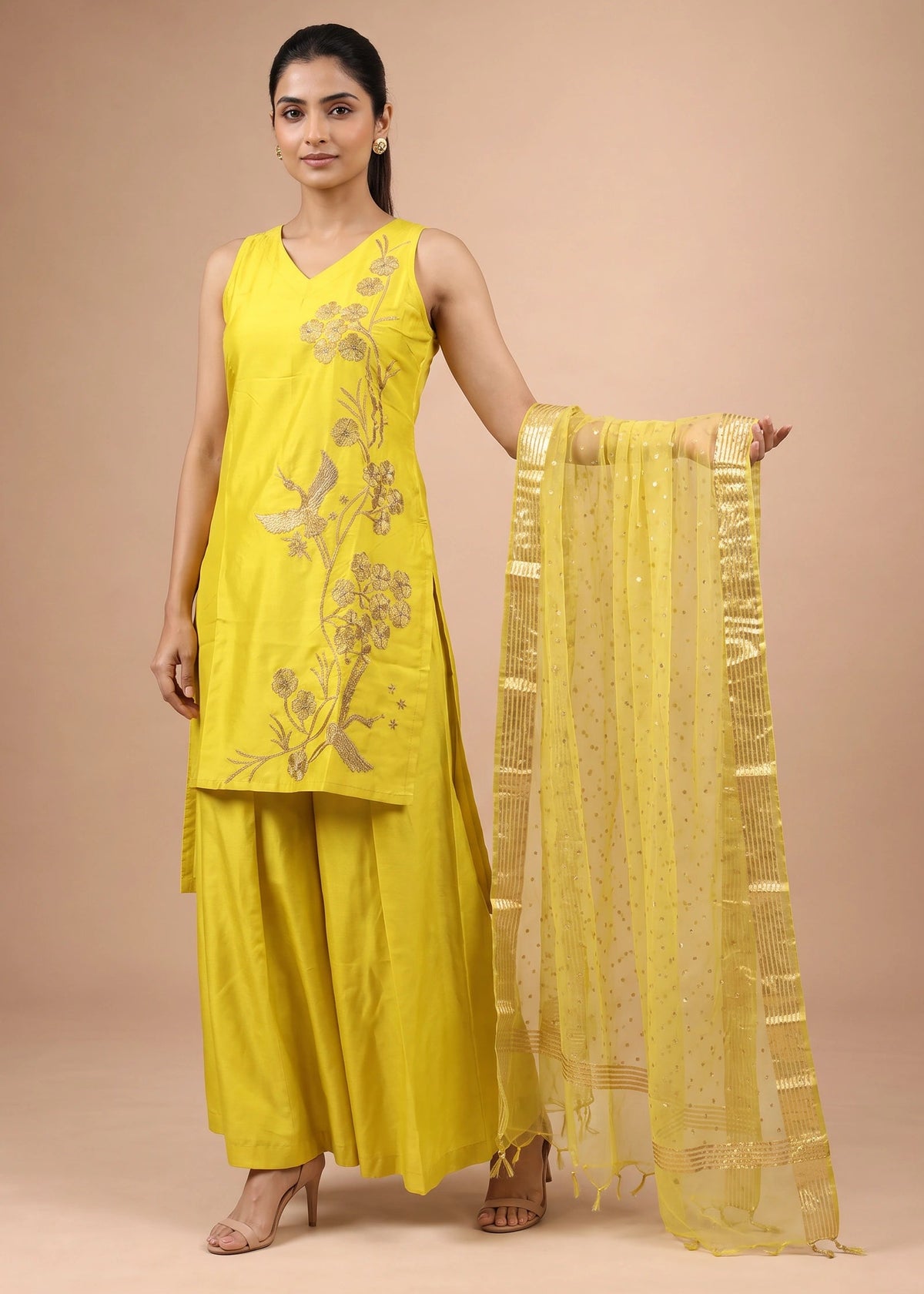 Women Yellow Embroidered Viscose Blend A-Line Ethnic Suit Set