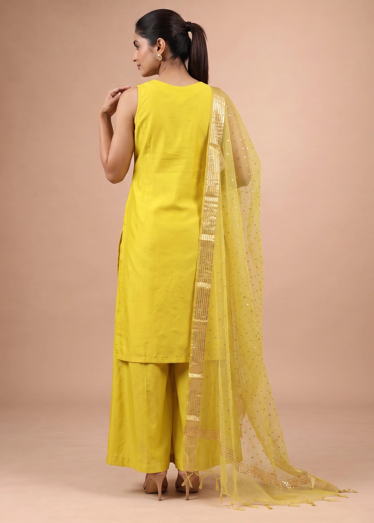 Women Yellow Embroidered Viscose Blend A-Line Ethnic Suit Set