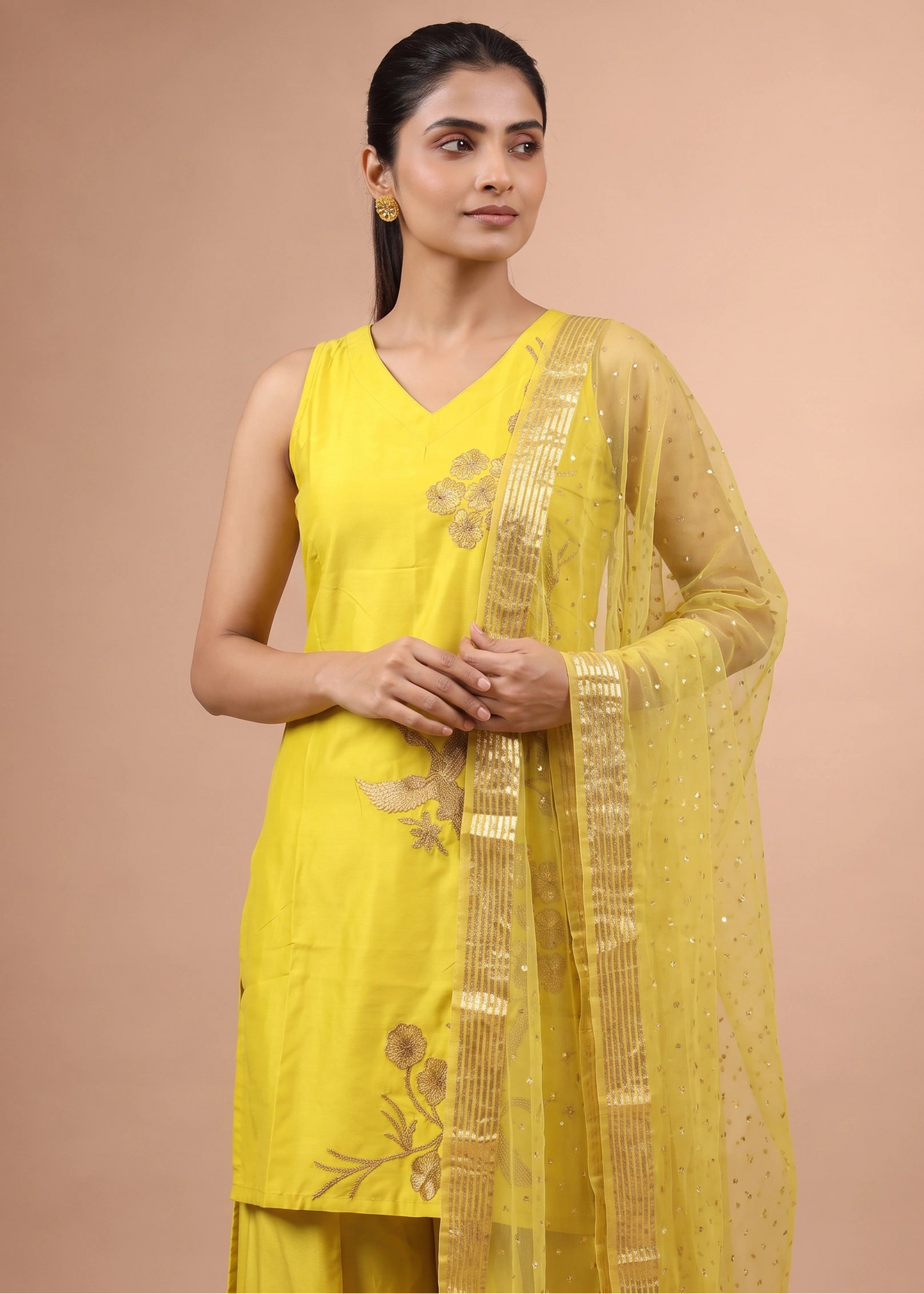 Women Yellow Embroidered Viscose Blend A-Line Ethnic Suit Set