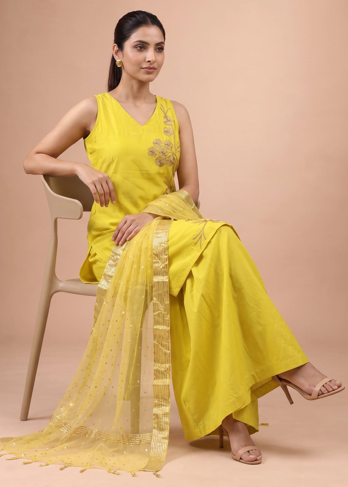 Women Yellow Embroidered Viscose Blend A-Line Ethnic Suit Set