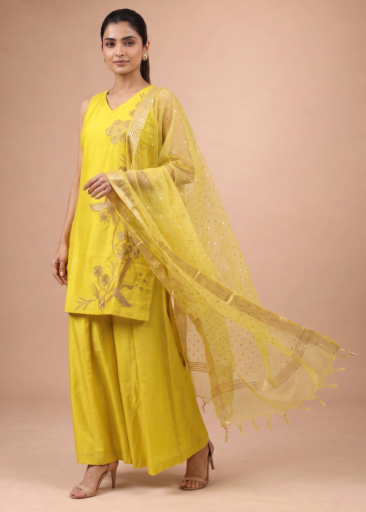 Women Yellow Embroidered Viscose Blend A-Line Ethnic Suit Set