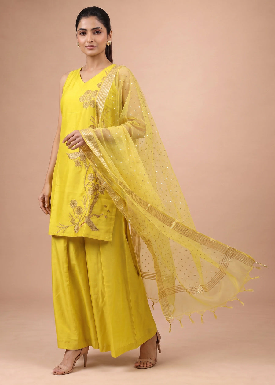 Women Yellow Embroidered Viscose Blend A-Line Ethnic Suit Set