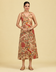 Beige Floral Printed Sleeveless Cotton Kurta
