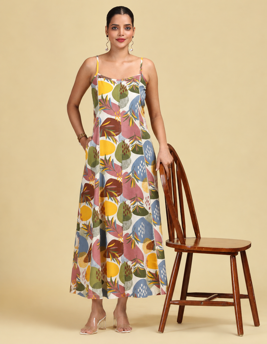 Multicolored Floral Printed Sleeveless Cotton Kurta