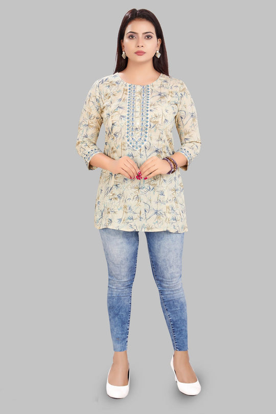 Darshita Cream Cotton Short kurtis