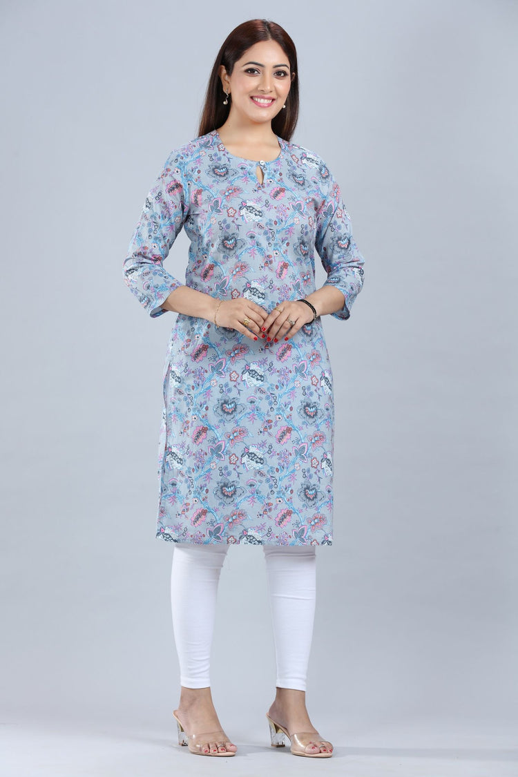 Grey Cotton Straight Printed Kurta