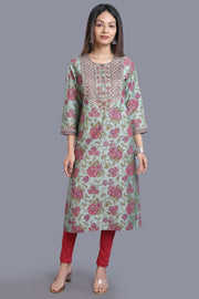 Daxa Pista Green Cotton Silk Embroidered Straight Kurti