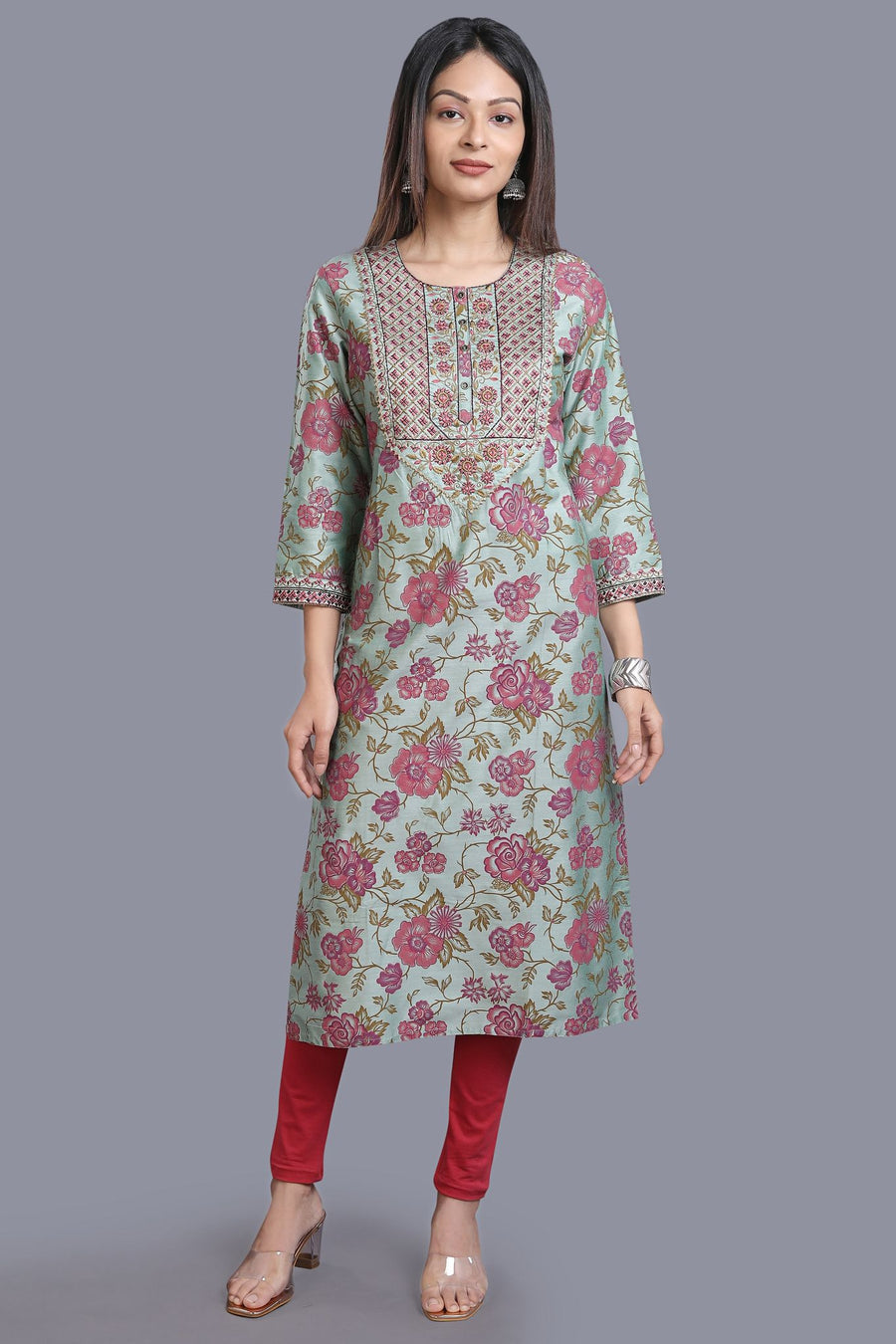 Daxa Pista Green Cotton Silk Embroidered Straight Kurti