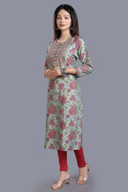 Daxa Pista Green Cotton Silk Embroidered Straight Kurti