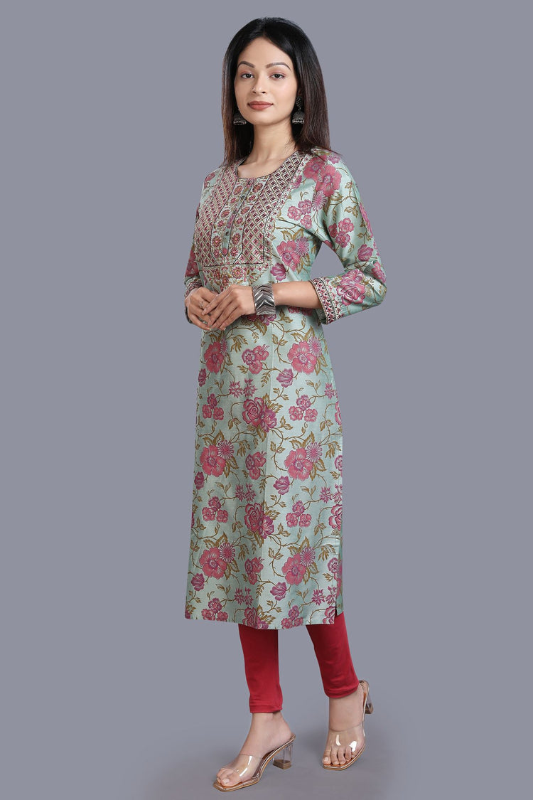 Daxa Pista Green Cotton Silk Embroidered Straight Kurti