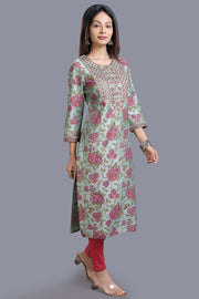 Daxa Pista Green Cotton Silk Embroidered Straight Kurti