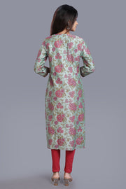 Daxa Pista Green Cotton Silk Embroidered Straight Kurti
