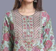 Daxa Pista Green Cotton Silk Embroidered Straight Kurti