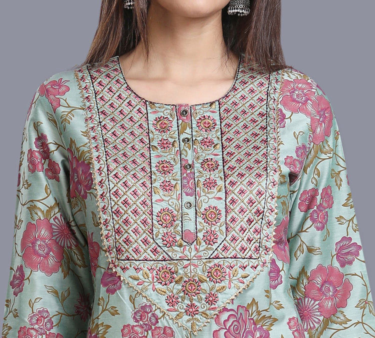 Daxa Pista Green Cotton Silk Embroidered Straight Kurti