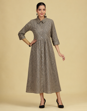 Beige Pure Cotton Printed A-Line Shirt Collar Kurta