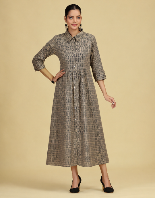 Beige Pure Cotton Printed A-Line Shirt Collar Kurta