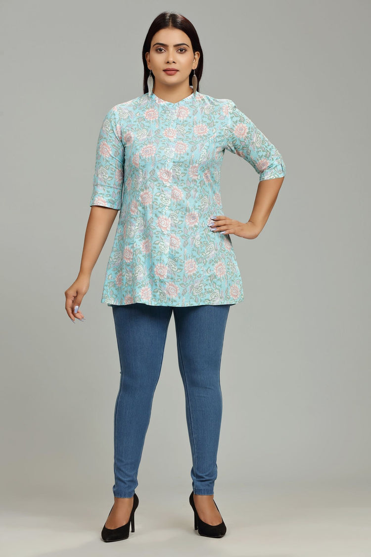 Devika Sky Blue Cotton Short kurti