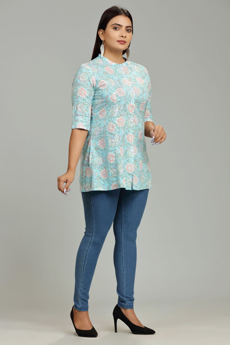 Devika Sky Blue Cotton Short kurti