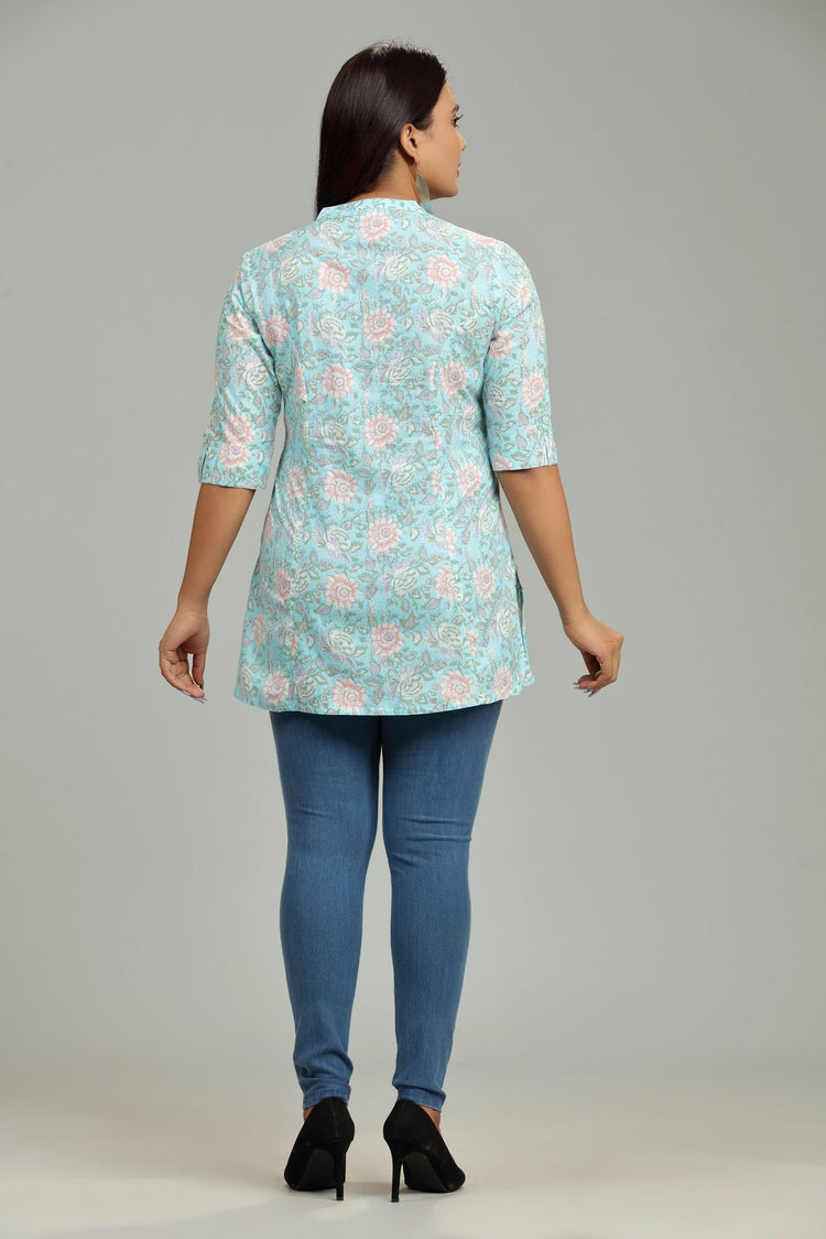 Devika Sky Blue Cotton Short kurti