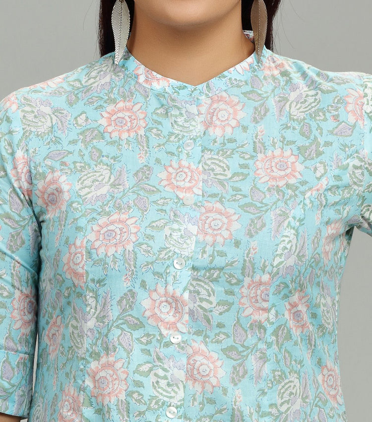 Devika Sky Blue Cotton Short kurti