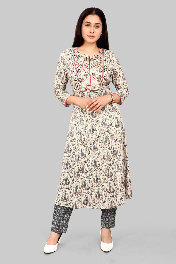 Dilara Off White & Grey Cotton Kurta With Pant Set