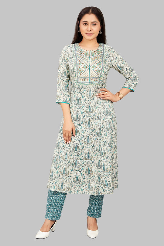 Dilara Off White & Teal Cotton Kurta With Pant Set