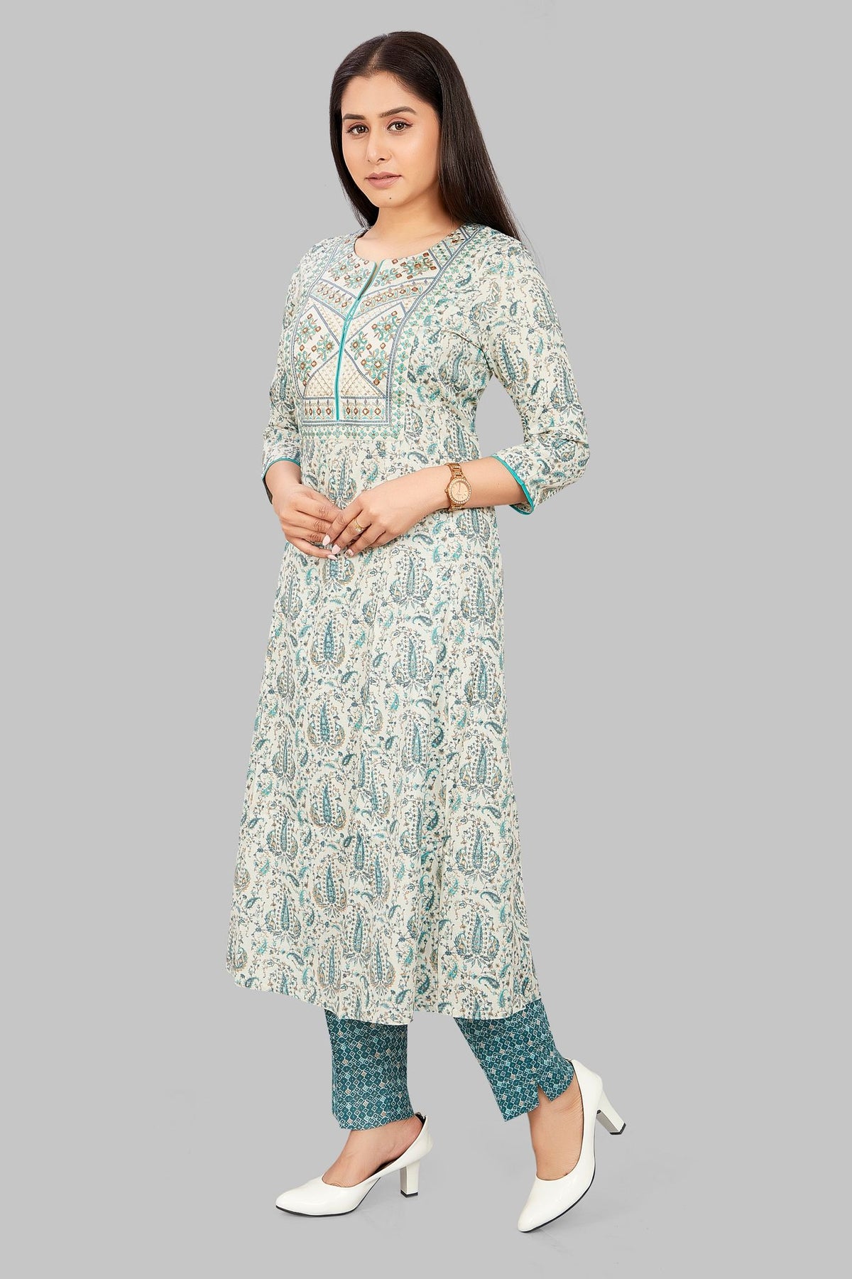 Dilara Off White & Teal Cotton Kurta With Pant Set