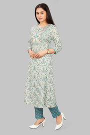 Dilara Off White & Teal Cotton Kurta With Pant Set