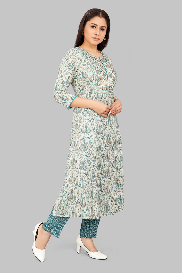 Dilara Off White & Teal Cotton Kurta With Pant Set