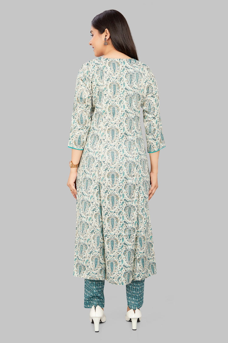 Dilara Off White & Teal Cotton Kurta With Pant Set