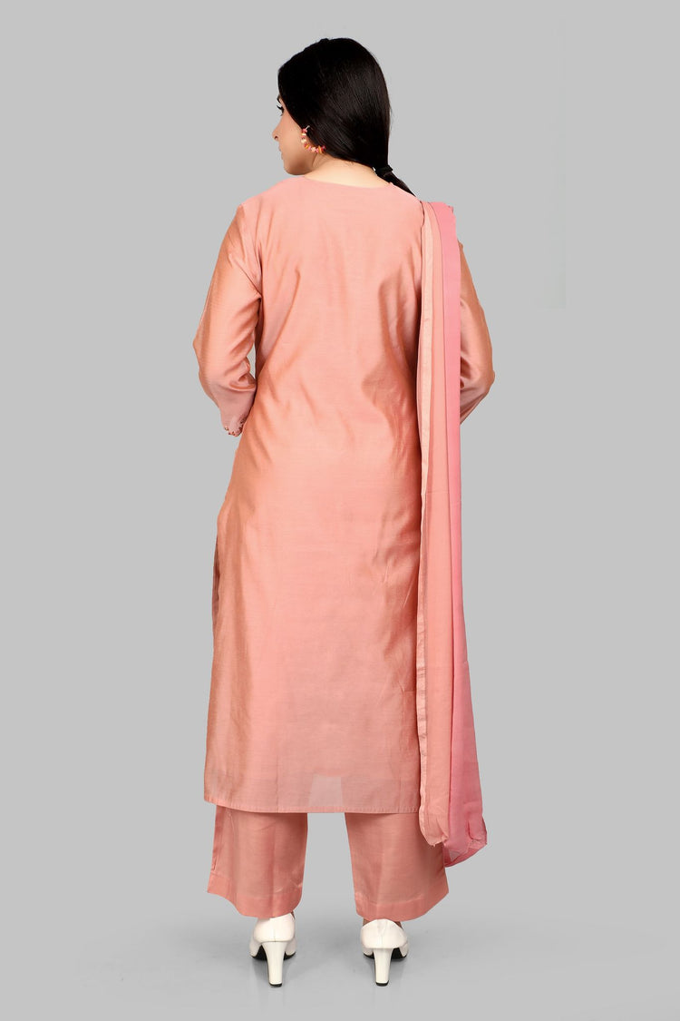 Dimah Peach Cotton Chanderi Embroidered Suit Set
