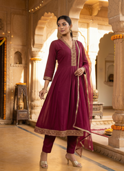 Purple Embroidered Straight Ethnic Set