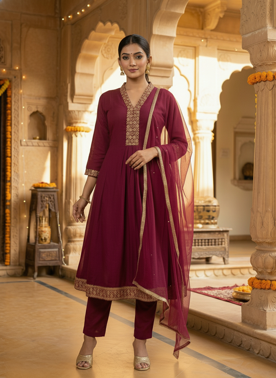 Purple Embroidered Straight Ethnic Set