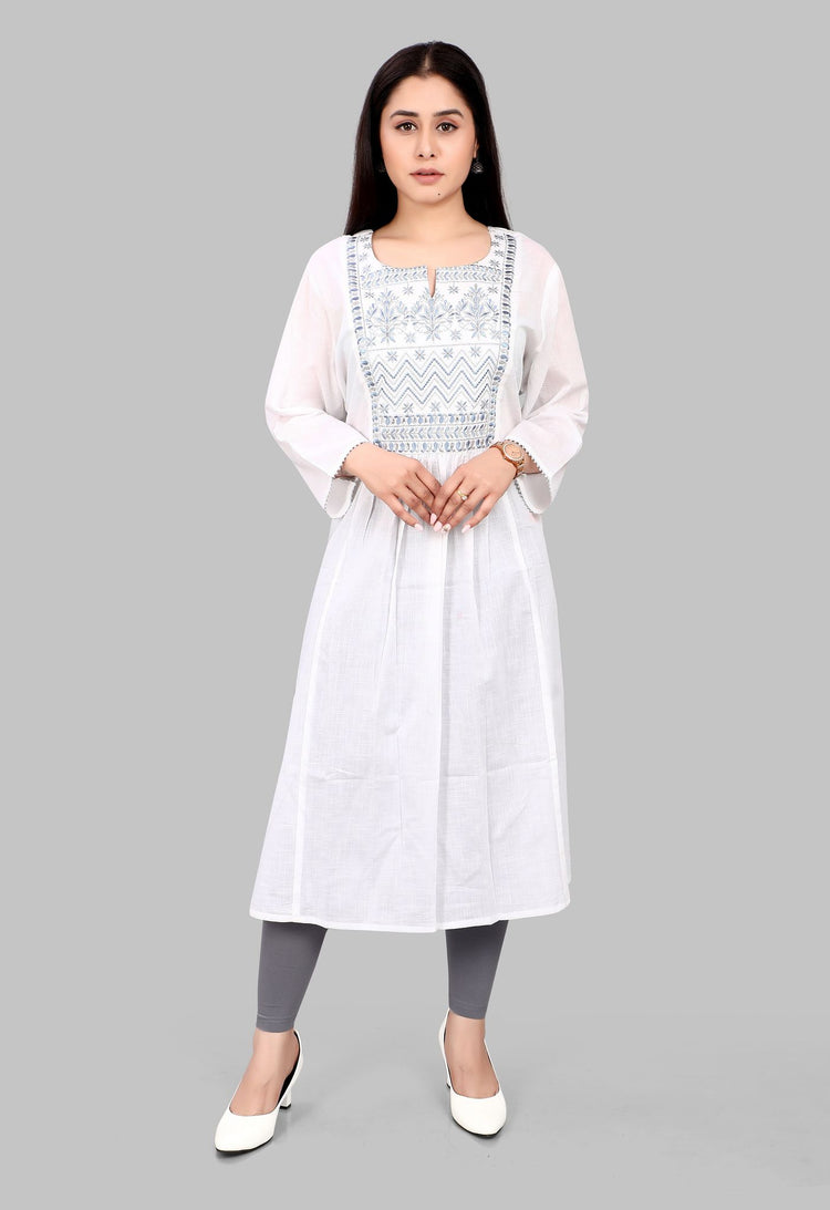 Eiliyah White Cotton Embroidered A-Line Kurta