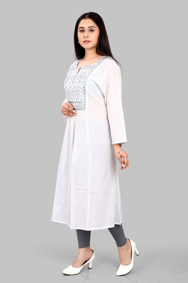 Eiliyah White Cotton Embroidered A-Line Kurta