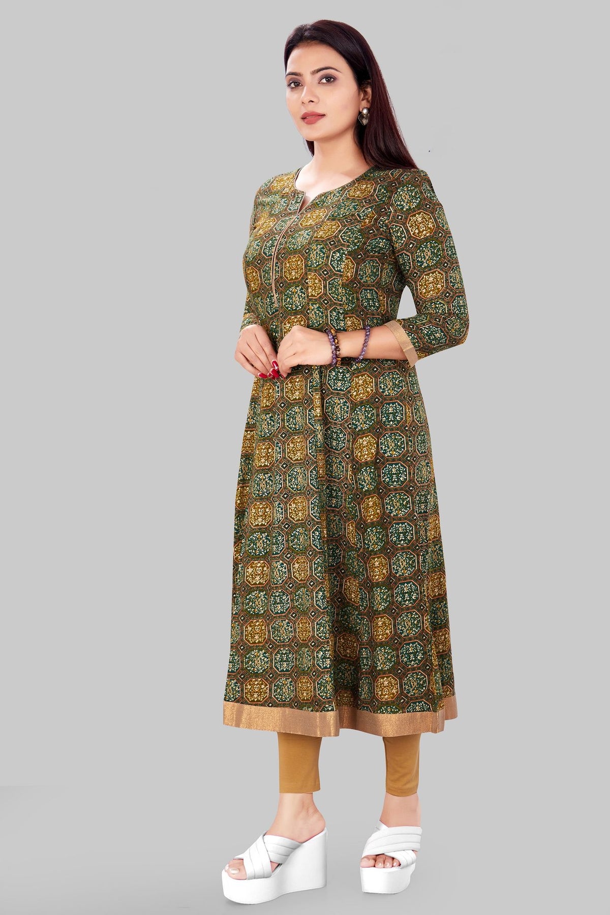 Ekta Green Rayon A Line Kurti