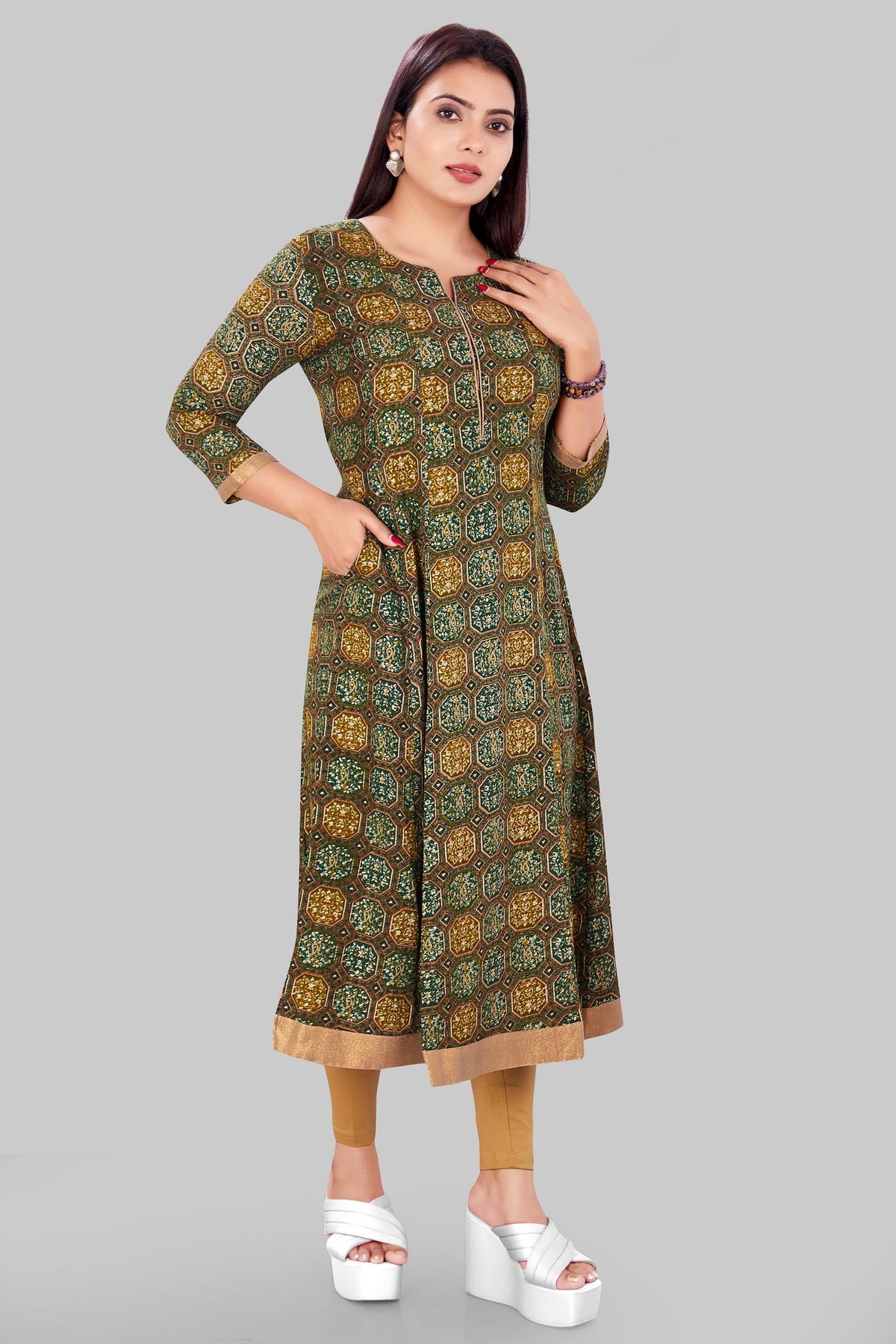 Ekta Green Rayon A Line Kurti
