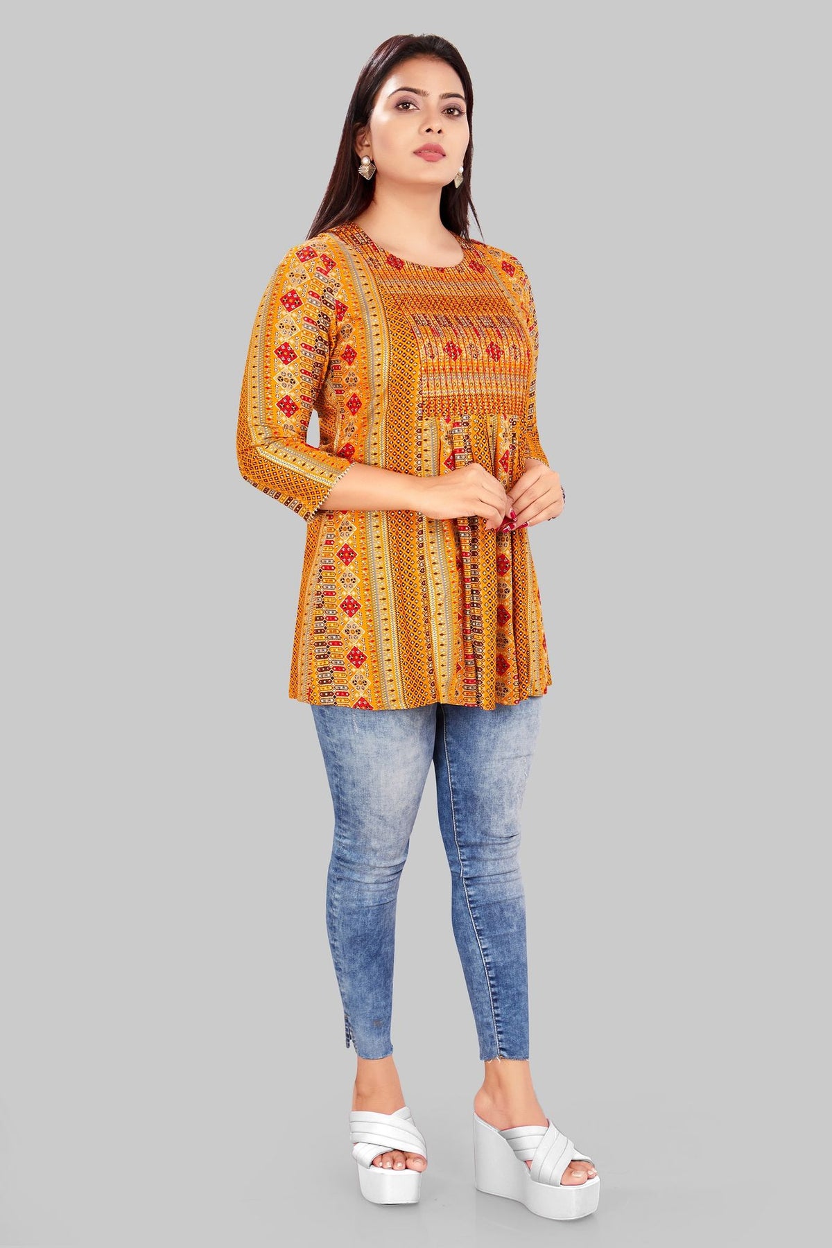 Elakshi Mustard Rayon Short Kurti