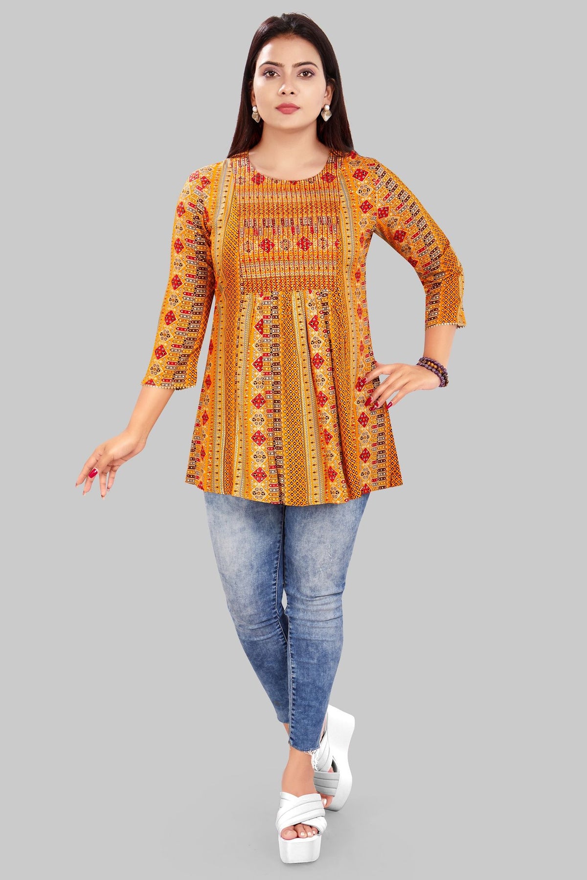 Elakshi Mustard Rayon Short Kurti