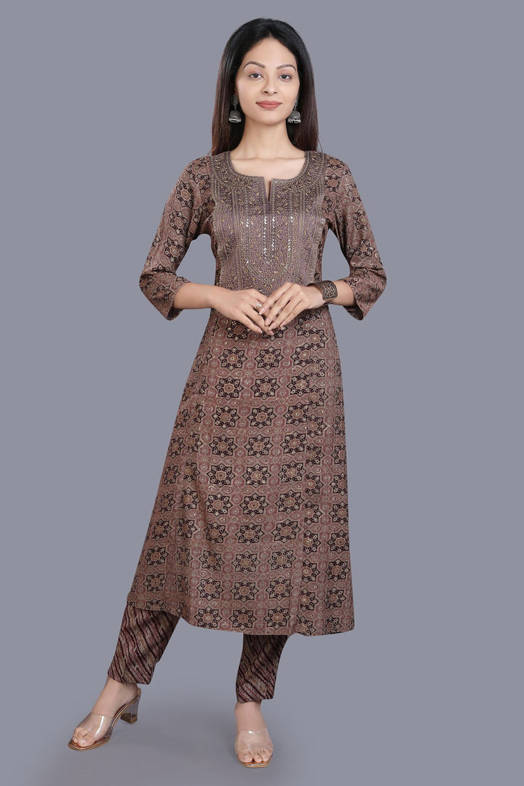 Elham Brown Cotton Kurta With Pant Set